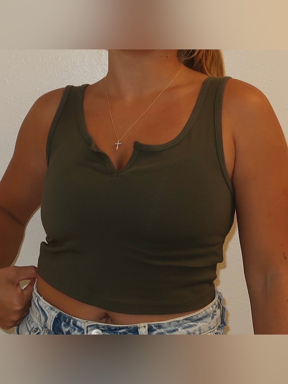 wild fable Olive Green Ribbed Notch Neck Crop Tank